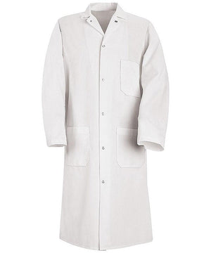 Red Kap 44.75 Inch Men's Six Gripper Front White Butcher Long Lab Coat - White