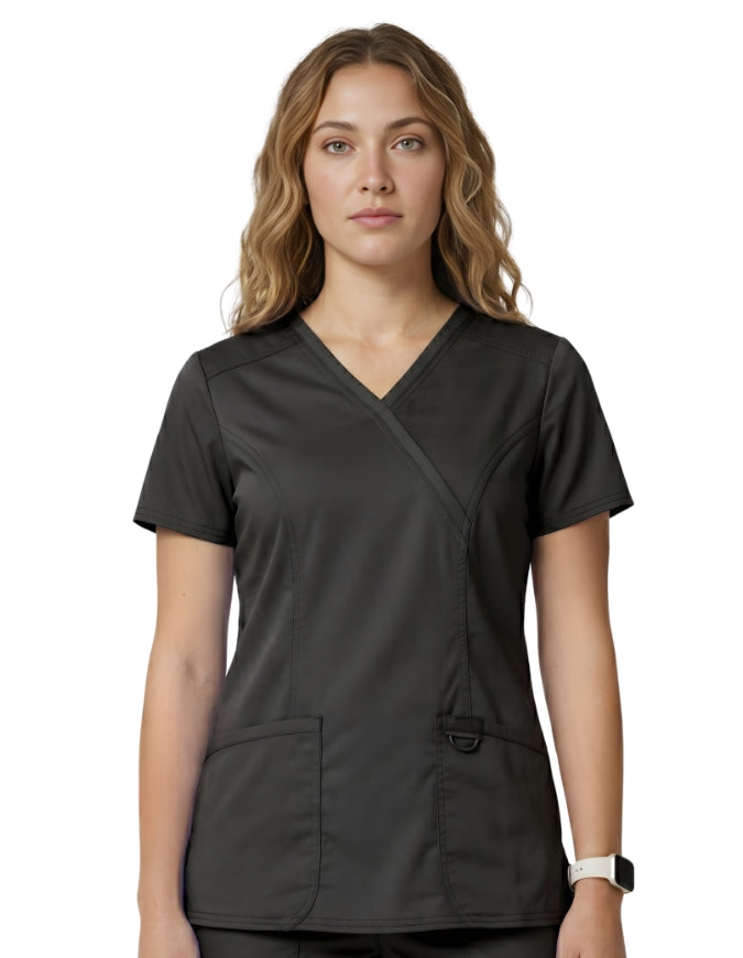 HeedFit Women's Shaped 3-Pocket Mock Wrap Scrub Top