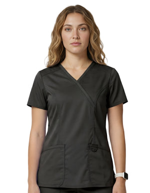 HeedFit Women's Shaped 3-Pocket Mock Wrap Scrub Top
