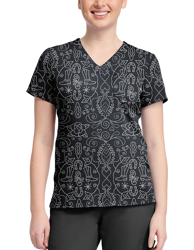 Med Couture Sweet Talker Women's 1-Pocket STRETCH V-Neck Print Scrub Top